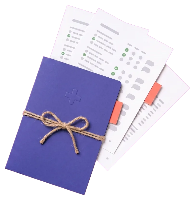The GP-Ready ADHD Pack: an indigo folder tied with string, with completed questionnaire pages