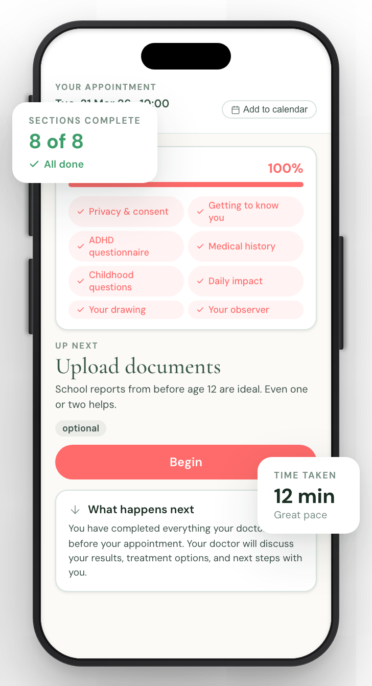 Velluto digital intake platform on smartphone showing ADHD assessment completion with eight sections finished and 100% progress bar