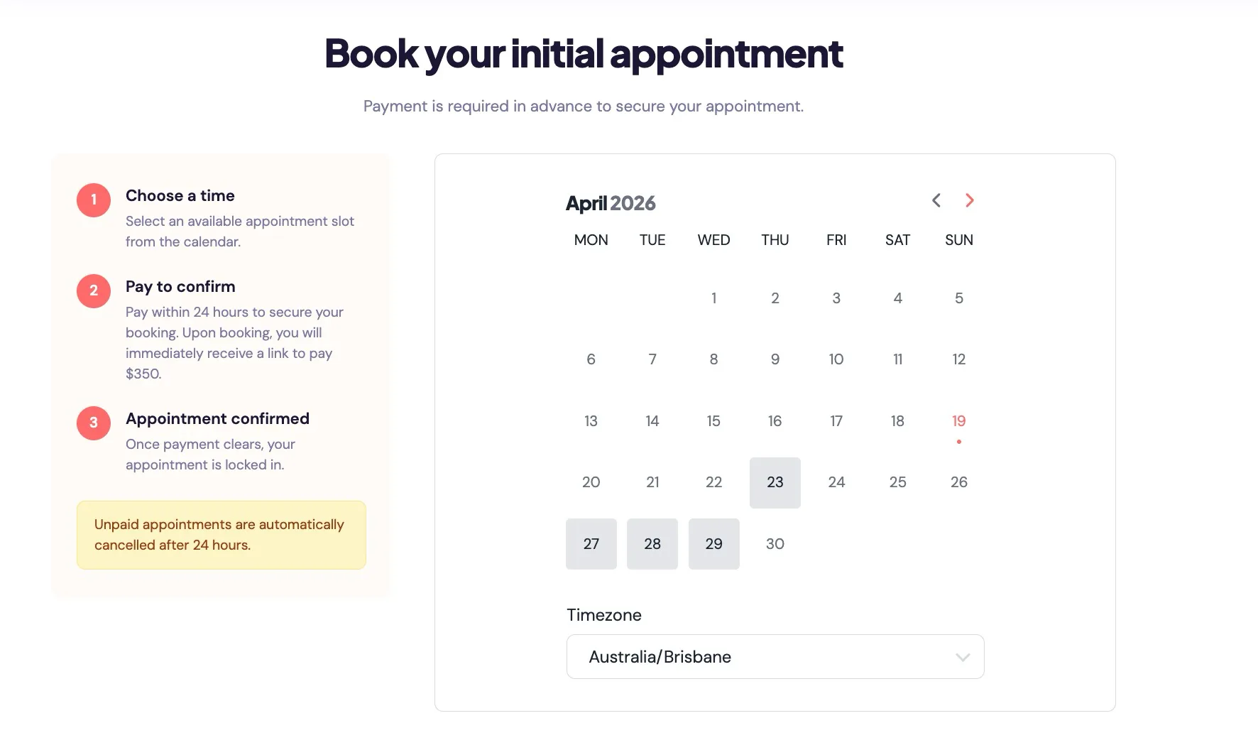 Online booking calendar showing available appointment slots for ADHD assessment