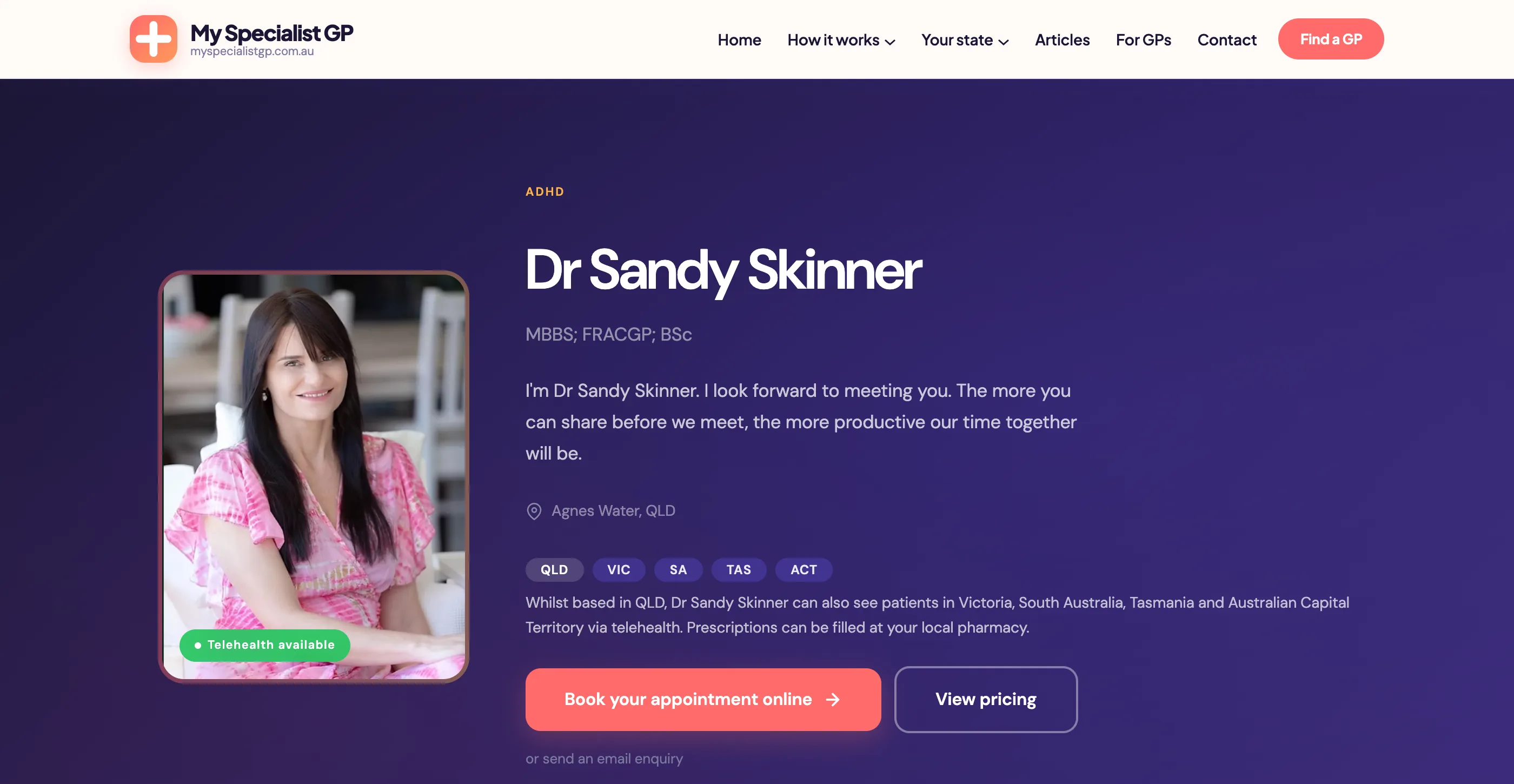 GP profile page showing Book your appointment online button and telehealth state badges