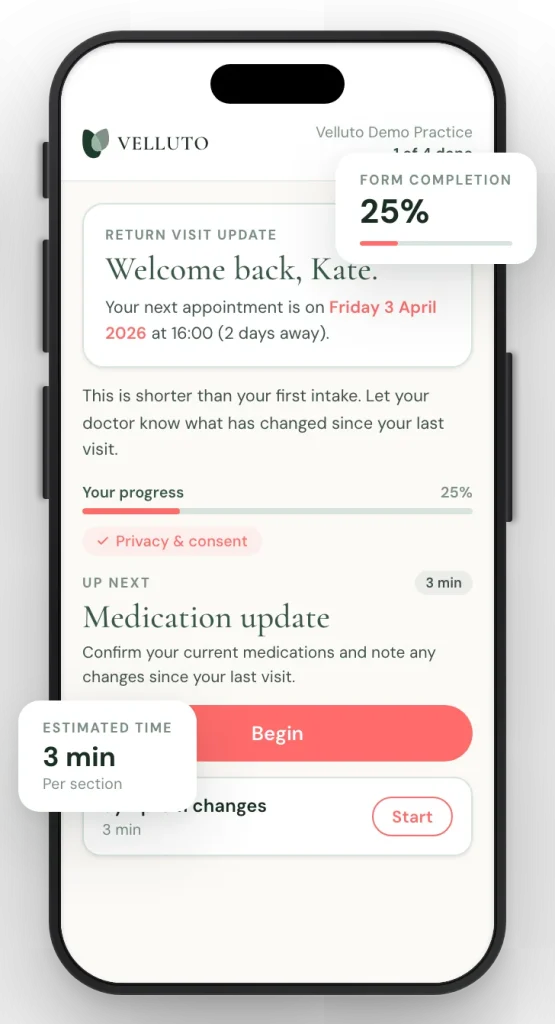 Screenshot of the Velluto Method patient intake flow on a phone