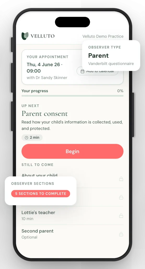 Screenshot of the Velluto Method observer report step on a phone
