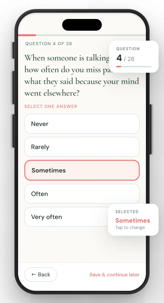 Screenshot of a Velluto Method ADHD questionnaire, one question at a time, on a phone