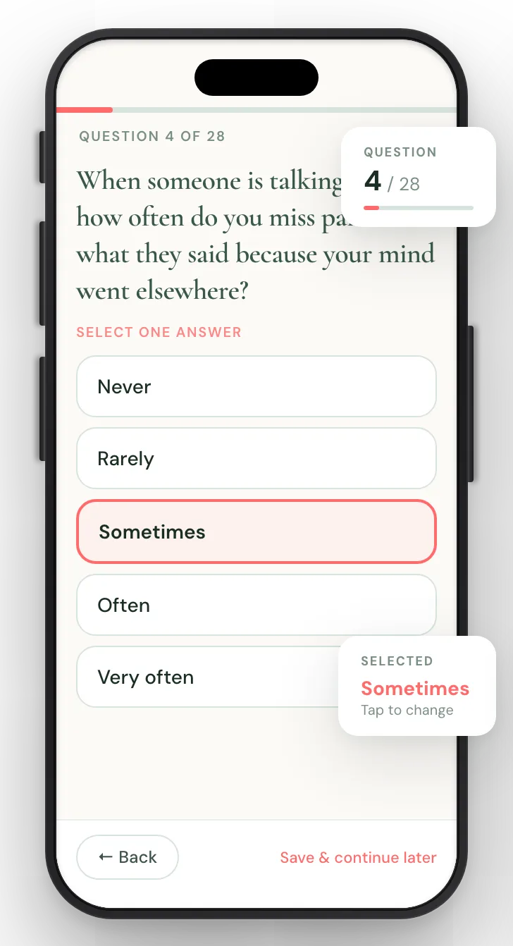 Phone screen showing a parent completing an observer questionnaire for a child intake